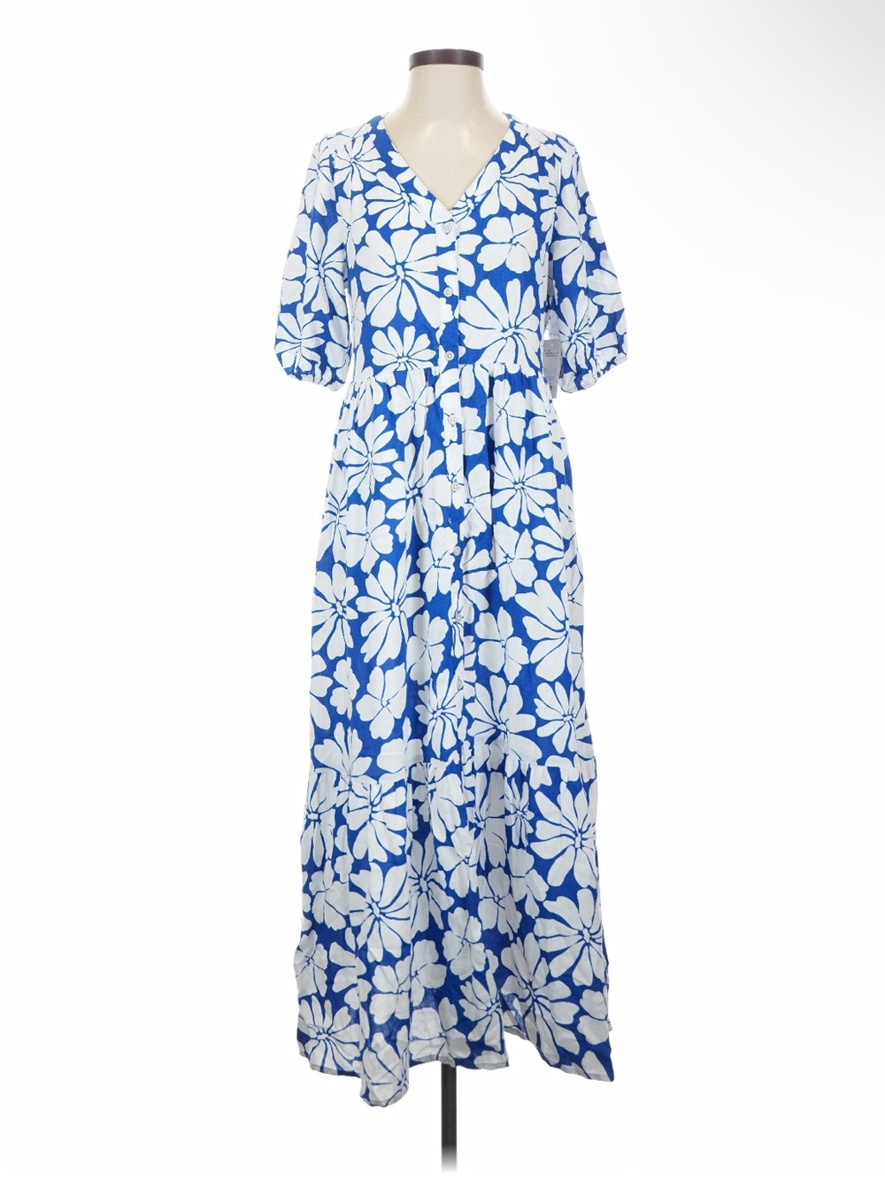 Linen blend long maxi dress blue white Floral button Sonoma goods for life small